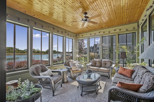 sunroom / solarium featuring ceiling fan, a water view, and wood ceiling