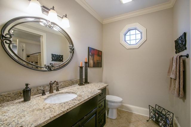 bathroom featuring ornamental molding, vanity, toilet, and tile patterned flooring