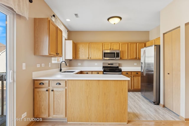 kitchen with stainless steel appliances, sink, and light brown cabinets