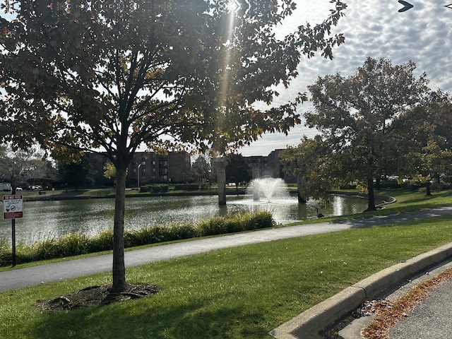 view of community with a water view and a yard