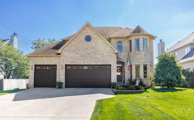 french country home with a garage and a front lawn