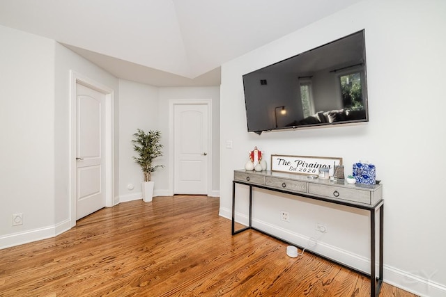 living room featuring wood-type flooring and vaulted ceiling