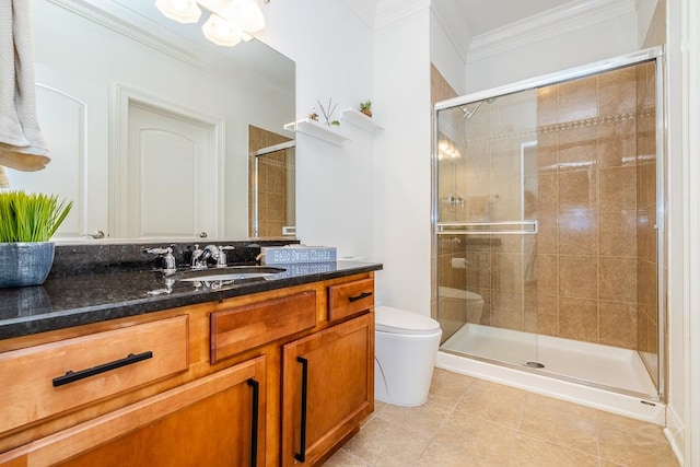 bathroom featuring a shower with door, crown molding, tile patterned floors, and vanity