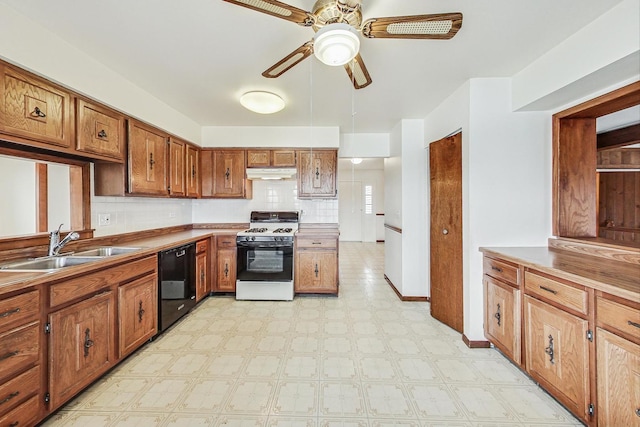 kitchen with sink, dishwasher, ceiling fan, white gas range oven, and backsplash