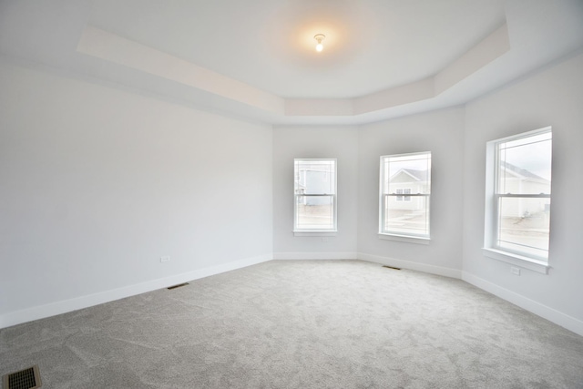 empty room with a raised ceiling and carpet flooring