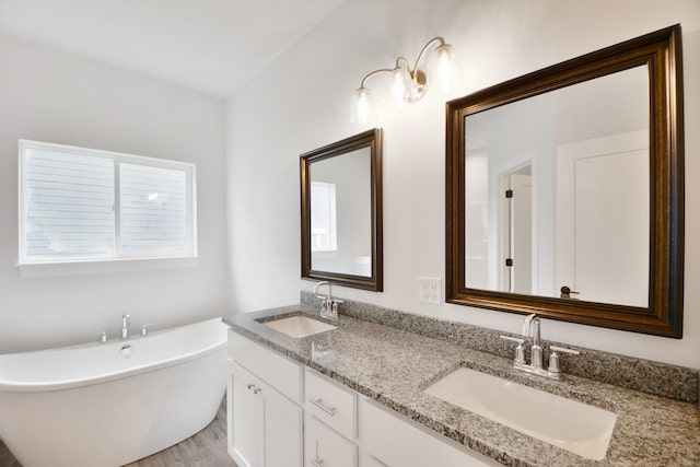 bathroom featuring vanity, a bathtub, and wood-type flooring