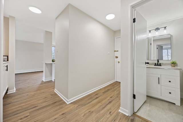 bathroom featuring vanity, hardwood / wood-style floors, and baseboard heating