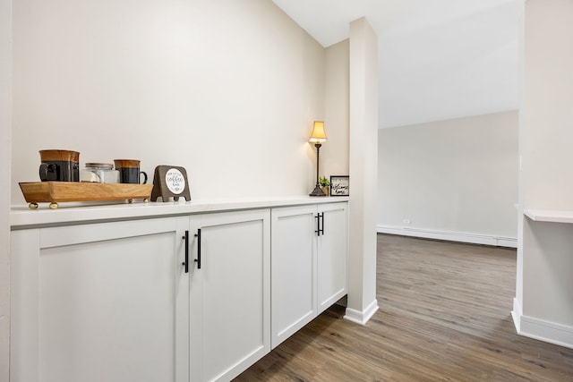 corridor with a baseboard radiator and wood-type flooring