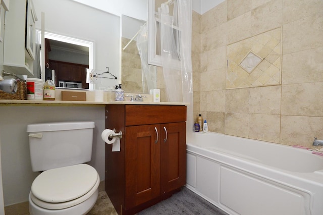 full bathroom with shower / tub combo, vanity, and toilet