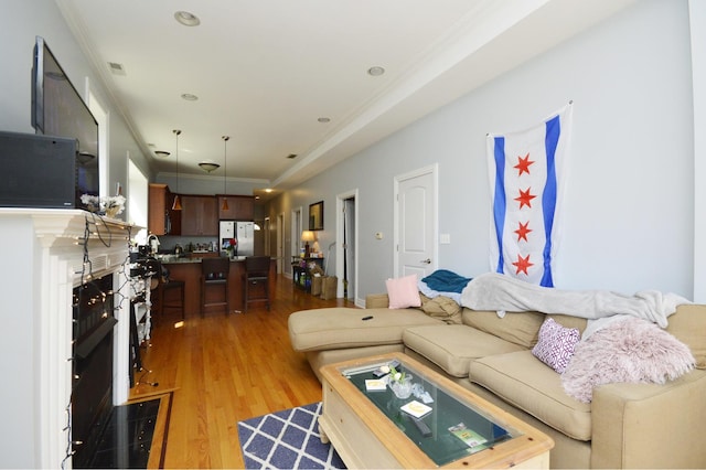 living room with crown molding and light hardwood / wood-style floors