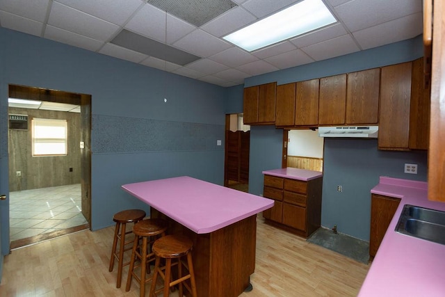 kitchen with a paneled ceiling, a kitchen bar, and light hardwood / wood-style flooring