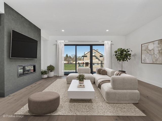 living room with hardwood / wood-style flooring and a fireplace