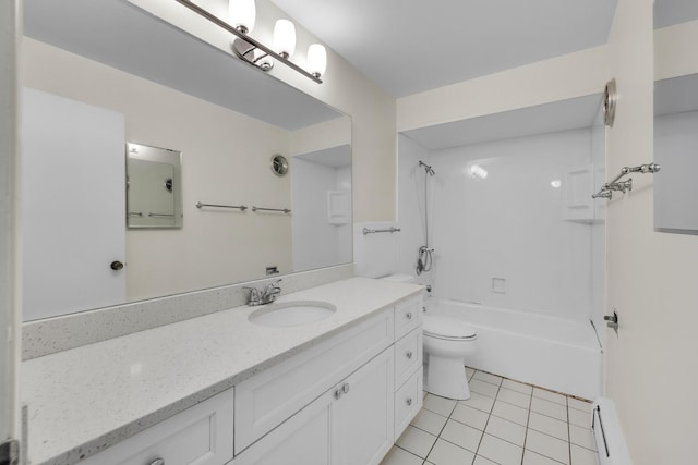 full bathroom featuring tile patterned flooring, vanity, shower / bath combination, a baseboard heating unit, and toilet