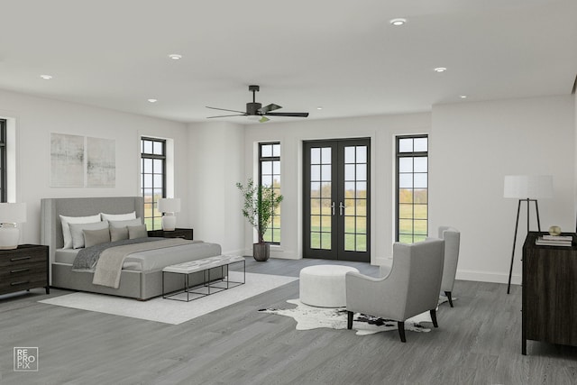 bedroom featuring hardwood / wood-style floors, french doors, and ceiling fan