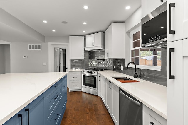 kitchen featuring appliances with stainless steel finishes, blue cabinets, white cabinetry, sink, and dark wood-type flooring