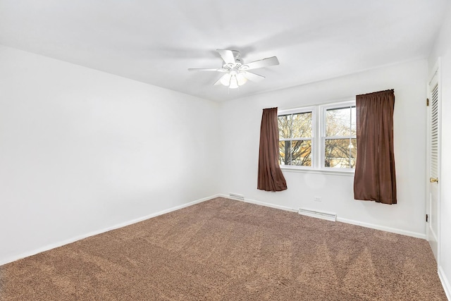 empty room featuring baseboards, visible vents, a ceiling fan, and carpet flooring