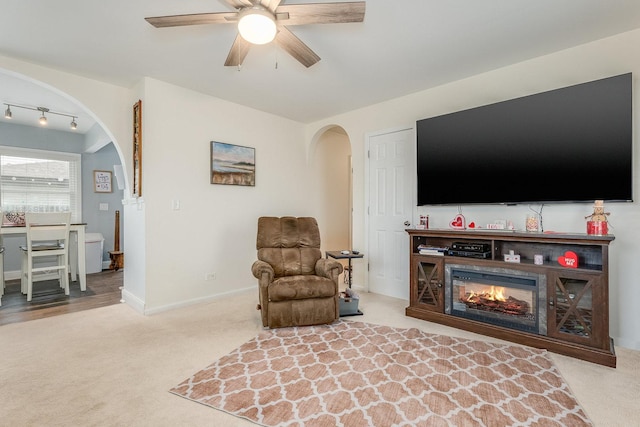 living area with ceiling fan and carpet