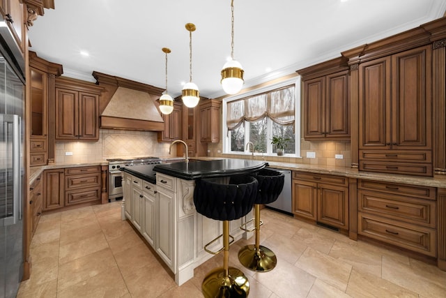 kitchen with crown molding, custom exhaust hood, stainless steel appliances, and decorative backsplash