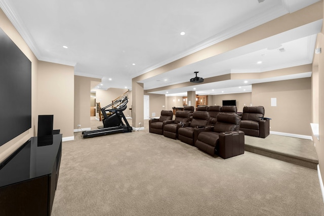 cinema featuring carpet, recessed lighting, baseboards, and ornamental molding