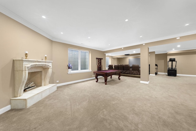 game room featuring carpet, baseboards, a tiled fireplace, and recessed lighting