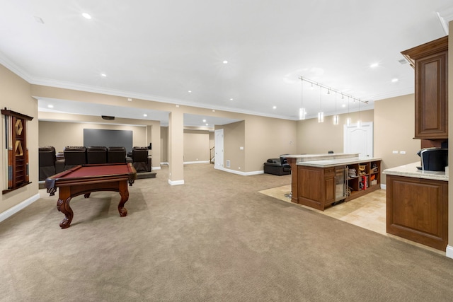 rec room with recessed lighting, light carpet, pool table, baseboards, and crown molding