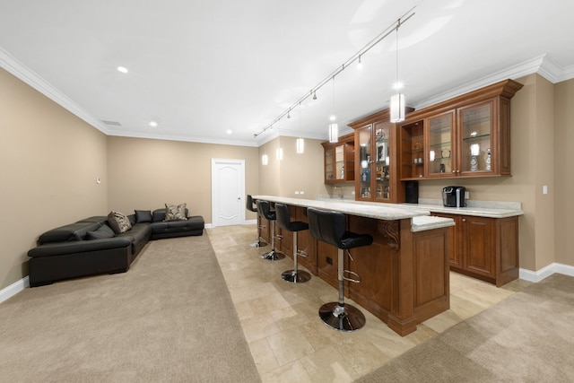 bar with baseboards, light colored carpet, decorative light fixtures, crown molding, and indoor wet bar