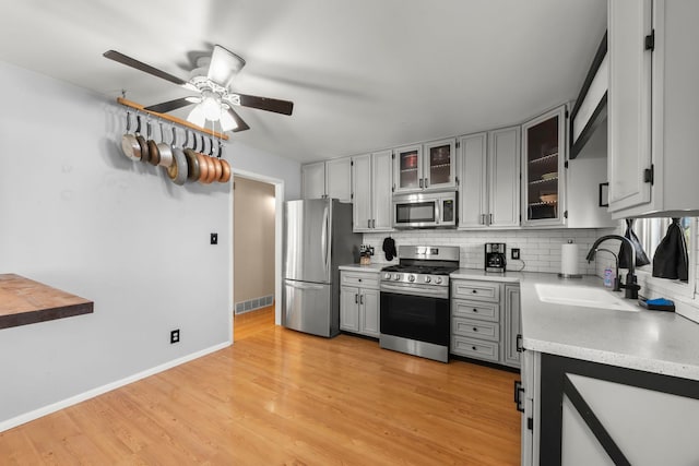 kitchen with stainless steel appliances, sink, light wood-type flooring, and decorative backsplash