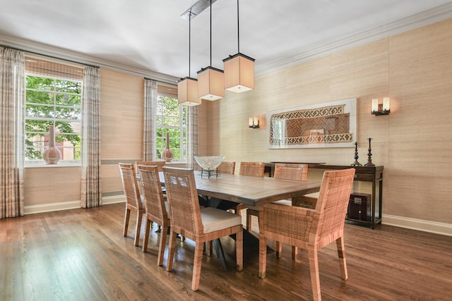 dining space featuring ornamental molding and dark hardwood / wood-style floors