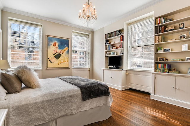 bedroom featuring crown molding, dark hardwood / wood-style flooring, and multiple windows