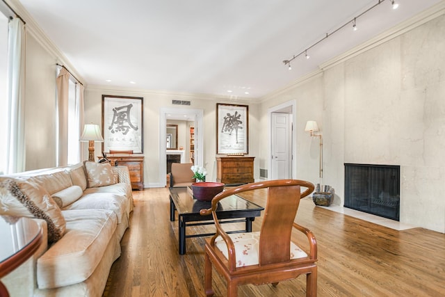 living room featuring ornamental molding, light hardwood / wood-style floors, and a premium fireplace