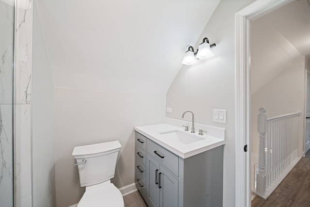 bathroom with lofted ceiling, toilet, wood-type flooring, and vanity