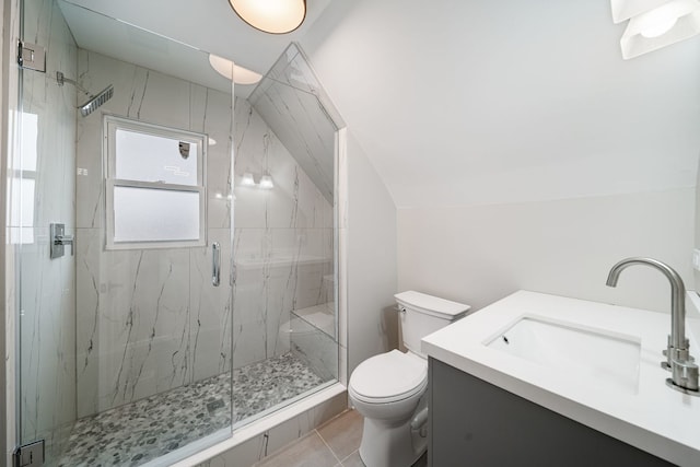 bathroom with vanity, lofted ceiling, walk in shower, and toilet