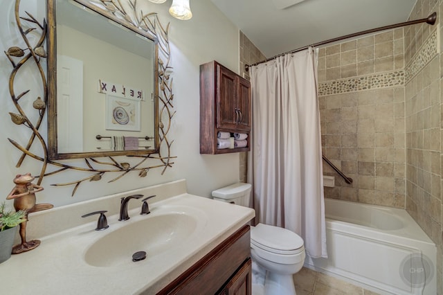 full bathroom with tile patterned flooring, vanity, shower / bathtub combination with curtain, and toilet