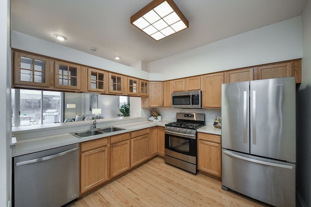 kitchen featuring appliances with stainless steel finishes, sink, and light wood-type flooring