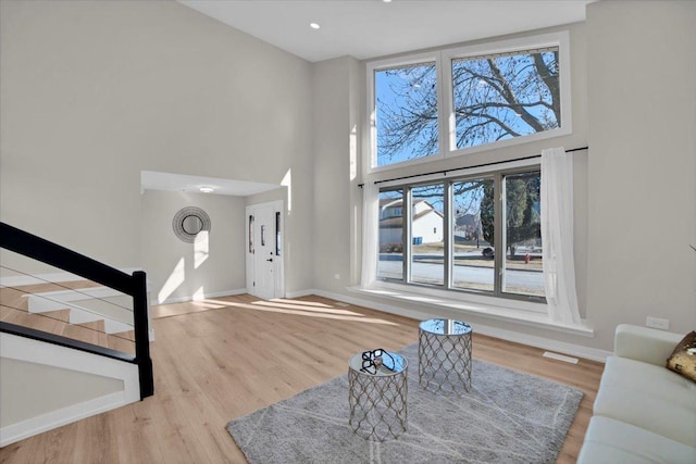 living room with light hardwood / wood-style floors and a high ceiling