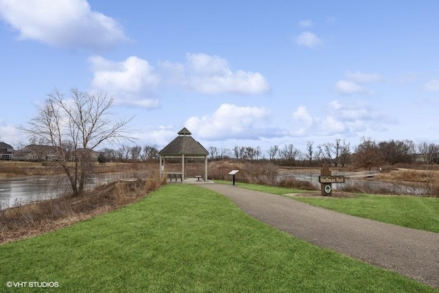 view of community featuring a gazebo and a lawn