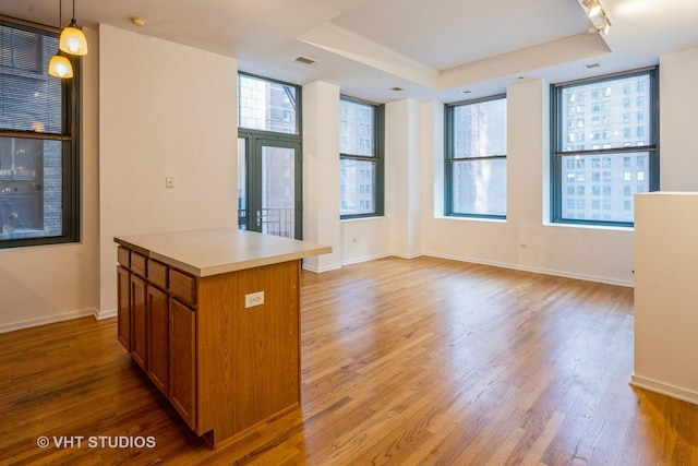 kitchen with a center island, pendant lighting, light wood-type flooring, and a tray ceiling