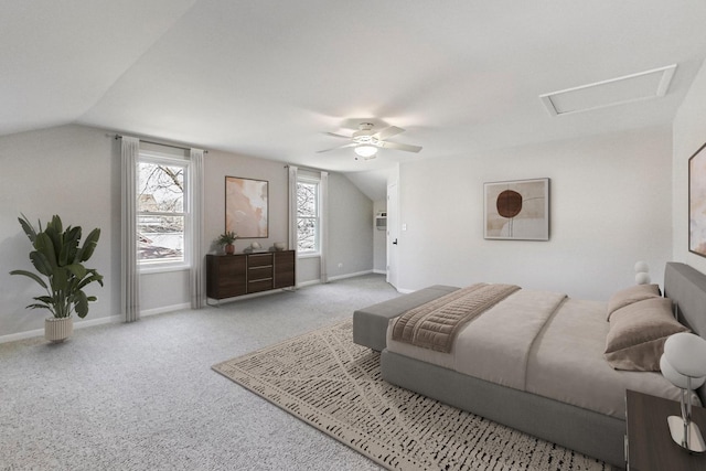 bedroom featuring vaulted ceiling, ceiling fan, and carpet floors