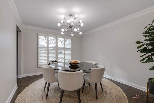 dining room featuring ornamental molding, dark hardwood / wood-style floors, and an inviting chandelier