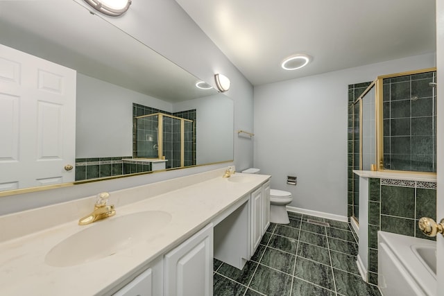 full bathroom with vanity, tile patterned floors, independent shower and bath, and toilet