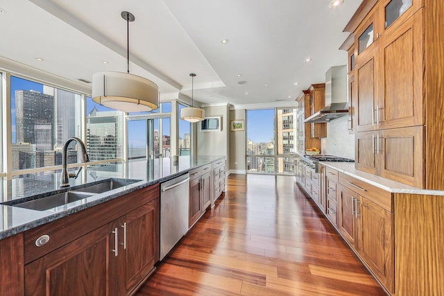 kitchen featuring dark wood-style flooring, stainless steel appliances, backsplash, a sink, and wall chimney exhaust hood