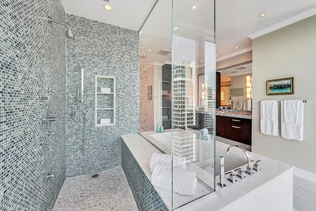 full bath with a garden tub, recessed lighting, a tile shower, vanity, and tile patterned flooring