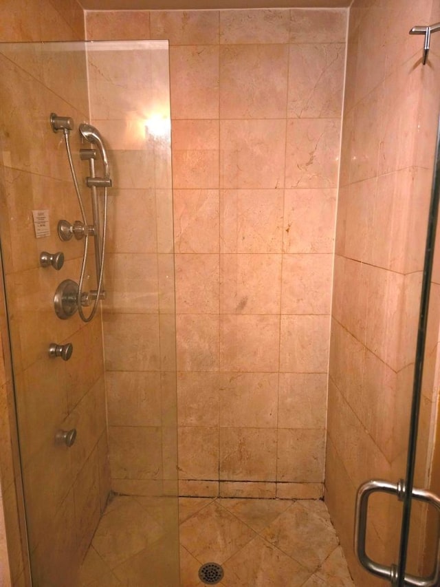 bathroom featuring a shower with shower door