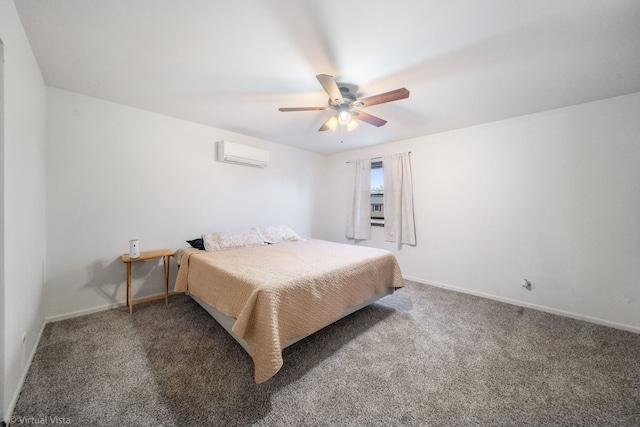 carpeted bedroom with ceiling fan and a wall unit AC