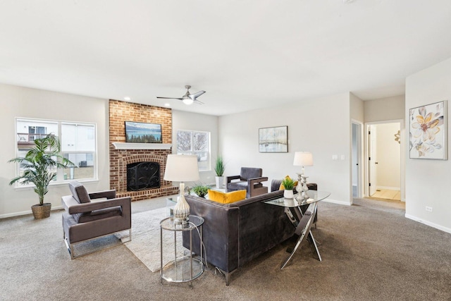 living room featuring ceiling fan, light carpet, and a brick fireplace