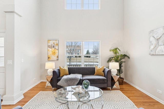 living room featuring a towering ceiling and light hardwood / wood-style floors