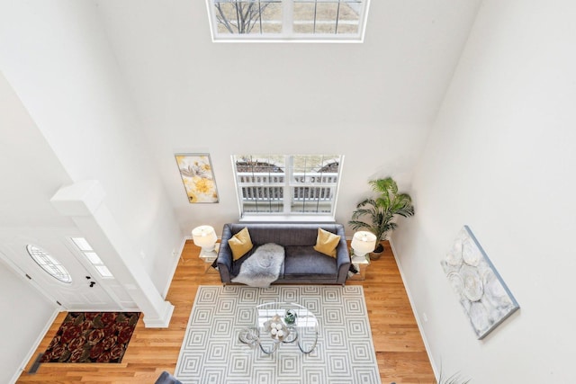 living room with hardwood / wood-style flooring and a towering ceiling