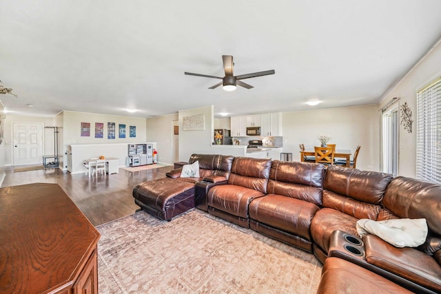 living room with ceiling fan and light wood-type flooring