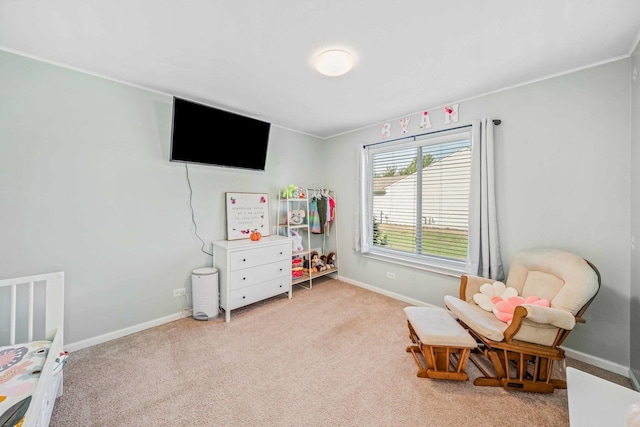 bedroom featuring light colored carpet