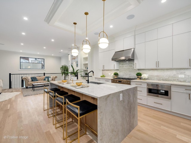 kitchen featuring a raised ceiling, sink, a center island with sink, and white cabinets